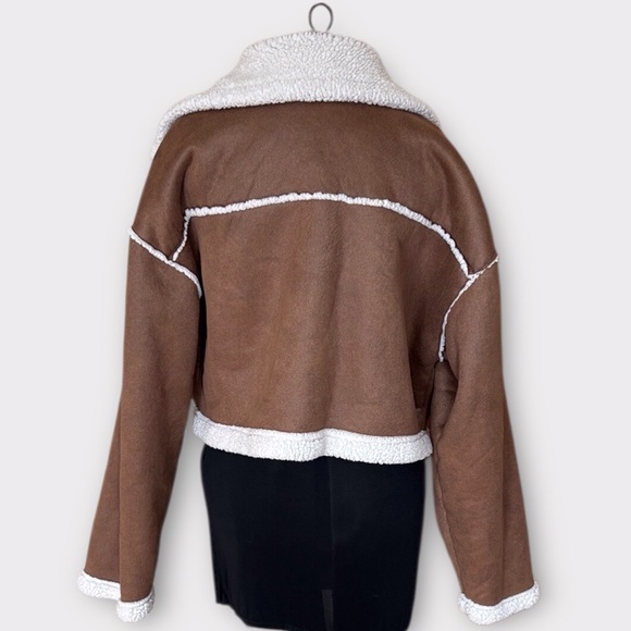 Cider Faux Shearling Brown and White Cropped Biker Teddy Jacket 1X - Picture 8 of 15